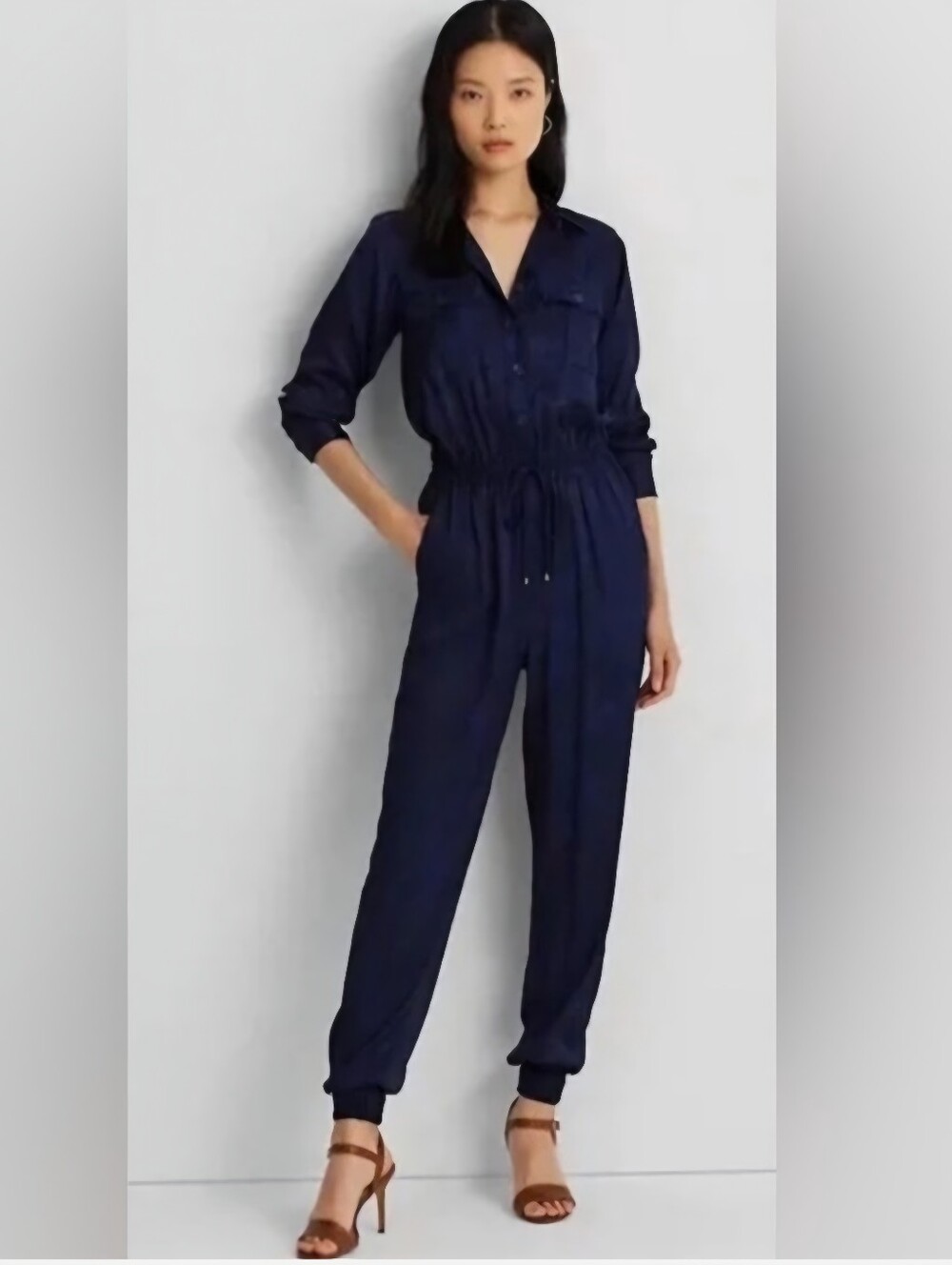 Lauren Ralph Lauren Black Label Navy Blue Paisley Jacquard Jumpsuit Plus Size 16